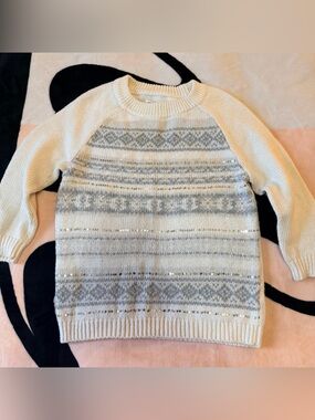 Old Navy Cream & Gray Fair Isle Sequin Crew Sweater